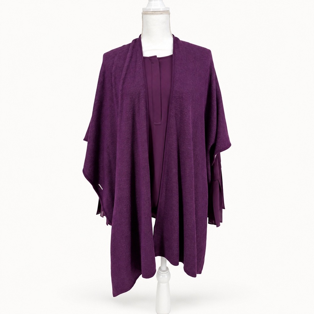 Chico's 3 US 16/18 Purple 3 Piece Blouse Tank Poncho Pleated Bell Sleeve Layer